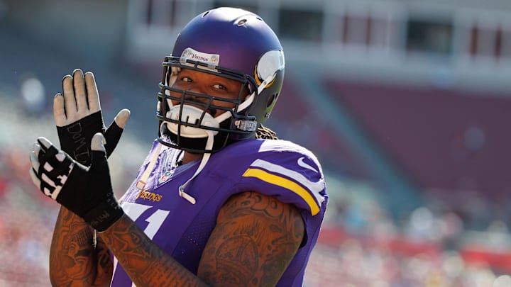 Minnesota Vikings tackle Phil Loadholt (71) reacts prior to the game against the Tampa Bay Buccaneers at Raymond James Stadium.