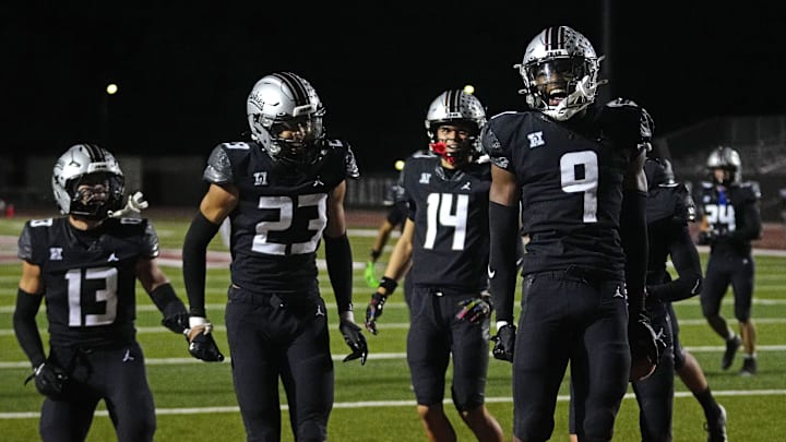 Hamilton defensive back Kacey Allen Jr (9) celebrates after blocking and recovering a punt at the 1-yard-line against Brophy during a game at Hamilton High School in Chandler, on Sept. 19, 2025.
