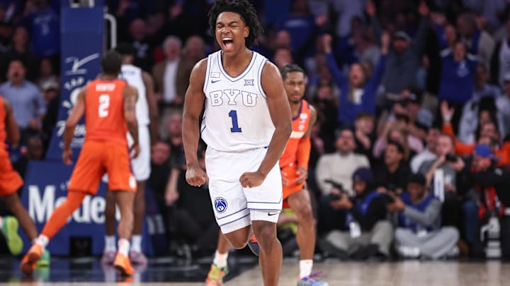 Dec 9, 2025; New York, New York, USA; BYU Cougars guard Robert Wright III (1) celebrates in the second half against the Clemson Tigers at Madison Square Garden. Mandatory Credit: Wendell Cruz-Imagn Images Dec 9, 2025; New York, New York, USA; BYU Cougars guard Robert Wright III (1) celebrates in the second half against the Clemson Tigers at Madison Square Garden. Mandatory Credit: Wendell Cruz-Imagn Images