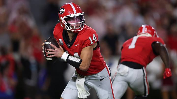 Sep 27, 2025; Athens, Georgia, USA; Georgia Bulldogs quarterback Gunner Stockton (14) looks to pass against the Alabama Crimson Tide in the first half at Sanford Stadium. Mandatory Credit: Brett Davis-Imagn Images