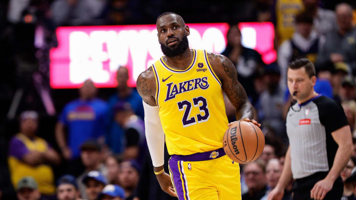 Apr 29, 2024; Denver, Colorado, USA; Los Angeles Lakers forward LeBron James (23) in the third quarter against the Denver Nuggets during game five of the first round for the 2024 NBA playoffs at Ball Arena. Mandatory Credit: Isaiah J. Downing-USA TODAY Sports