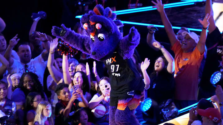 Phoenix Mercury mascot Scorch takes the court before the WNBA All-Star Game Skills Challenge at Footprint Center in Phoenix on Friday, July 19, 2024.