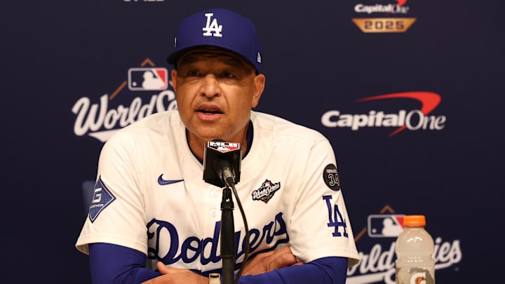 Oct 27, 2025; Los Angeles, California, USA; Los Angeles Dodgers manager Dave Roberts (30) speaks in a press conference after defeating the Toronto Blue Jays in game three of the 2025 MLB World Series at Dodger Stadium. Mandatory Credit: Kiyoshi Mio-Imagn Images