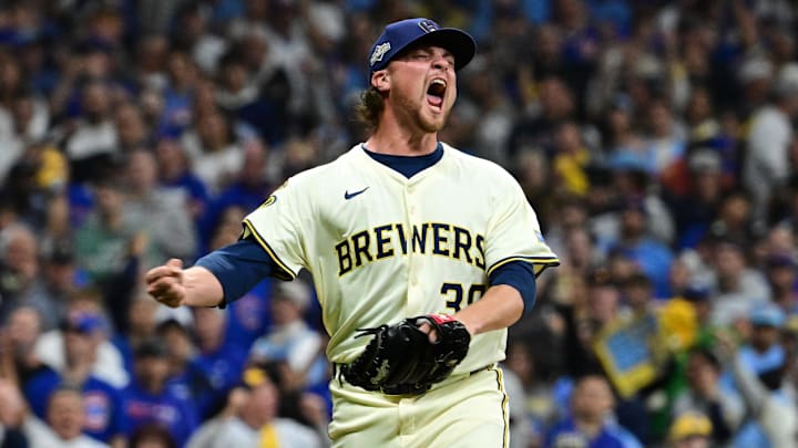 Oct 11, 2025; Milwaukee, Wisconsin, USA; Milwaukee Brewers pitcher Chad Patrick (39) reacts in the sixth inning against the Chicago Cubs during game five of the NLDS round for the 2025 MLB playoffs at American Family Field. Mandatory Credit: Benny Sieu-Imagn Images Oct 11, 2025; Milwaukee, Wisconsin, USA; Milwaukee Brewers pitcher Chad Patrick (39) reacts in the sixth inning against the Chicago Cubs during game five of the NLDS round for the 2025 MLB playoffs at American Family Field. Mandatory Credit: Benny Sieu-Imagn Images