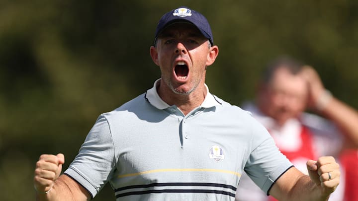 Sept. 26, 2025; Bethpage, New York, USA; Team Europe golfer Rory McIlroy celebrates after winning their match on the fourteenth hole on the first day of competition for the Ryder Cup at Bethpage Black.