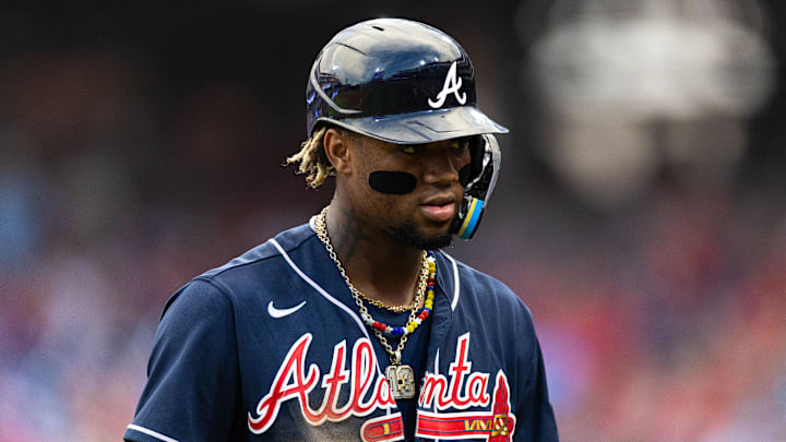 Sep 11, 2023; Philadelphia, Pennsylvania, USA; Atlanta Braves right fielder Ronald Acuna Jr. (13) in