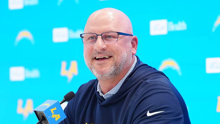 Apr 16, 2026; El Segundo, CA, USA; Los Angeles Chargers general manager Joe Hortiz speaks at press conference at The Bolt. Mandatory Credit: Kirby Lee-Imagn Images