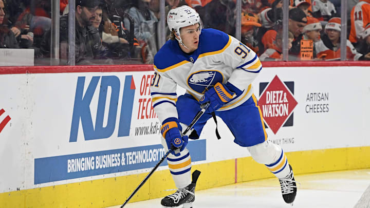 Dec 3, 2025; Philadelphia, Pennsylvania, USA; Buffalo Sabres right wing Josh Doan (91) against the Philadelphia Flyers at Xfinity Mobile Arena. Mandatory Credit: Eric Hartline-Imagn Images
