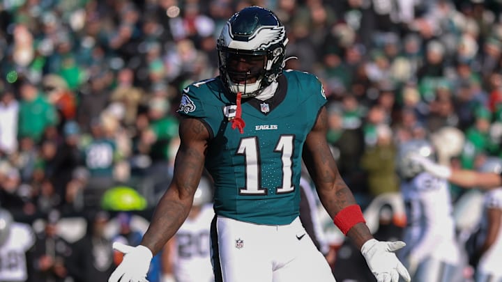 Dec 14, 2025; Philadelphia, Pennsylvania, USA; Philadelphia Eagles wide receiver A.J. Brown (11) reacts after an unsuccessful play against the Las Vegas Raiders during the second quarter at Lincoln Financial Field. Mandatory Credit: Bill Streicher-Imagn Images