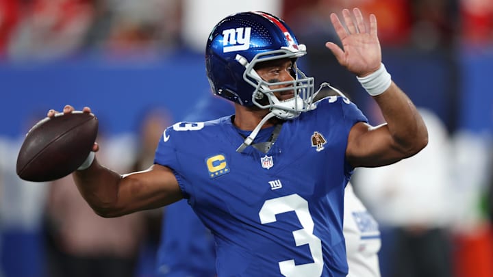 Sep 21, 2025; East Rutherford, New Jersey, USA; New York Giants quarterback Russell Wilson (3) warms up before the game against the Kansas City Chiefs at MetLife Stadium. Mandatory Credit: Vincent Carchietta-Imagn Images