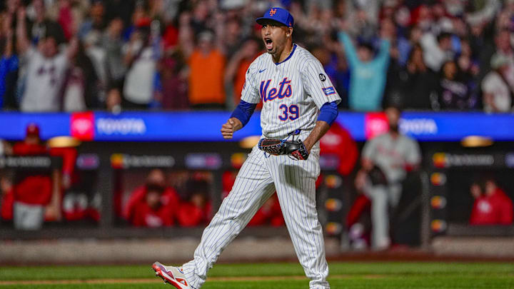 Sep 22, 2024; New York City, New York, USA;  New York Mets pitcher Edwin Diaz (39) reacts to getting the final out of the game against the Philadelphia Phillies at Citi Field. Mandatory Credit: Gregory Fisher-Imagn Images