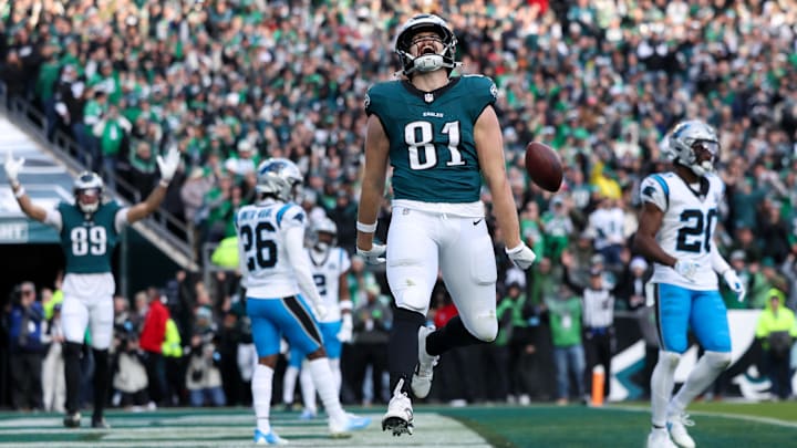 Dec 8, 2024; Philadelphia, Pennsylvania, USA; Philadelphia Eagles tight end Grant Calcaterra (81) reacts to his touchdown catch against the Carolina Panthers during the fourth quarter at Lincoln Financial Field. Mandatory Credit: Bill Streicher-Imagn Images Dec 8, 2024; Philadelphia, Pennsylvania, USA; Philadelphia Eagles tight end Grant Calcaterra (81) reacts to his touchdown catch against the Carolina Panthers during the fourth quarter at Lincoln Financial Field. Mandatory Credit: Bill Streicher-Imagn Images