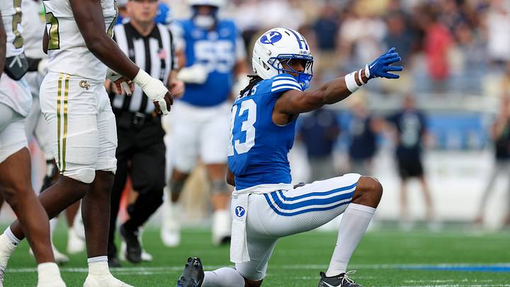 Dec 27, 2025; Orlando, FL, USA; BYU Cougars wide receiver Jojo Phillips (13) reacts after a first down against the Georgia Tech Yellow Jackets in the second quarter during the Pop-Tarts Bowl at Camping World Stadium. Mandatory Credit: Nathan Ray Seebeck-Imagn Images