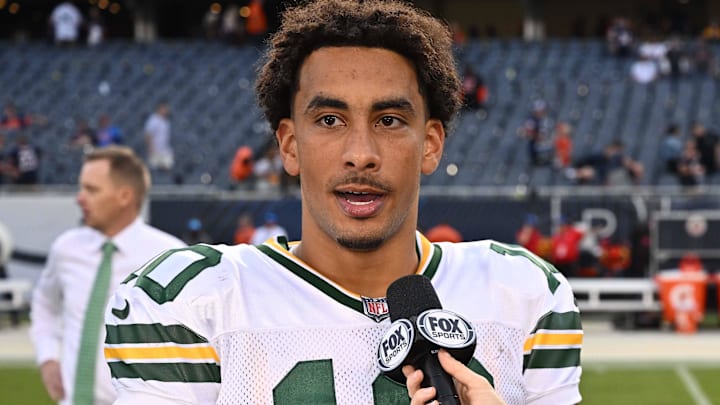 Sep 10, 2023; Chicago, Illinois, USA;  Green Bay Packers quarterback Jordan Love (10) is interviewed for television after a game against the Chicago Bears at Soldier Field. Mandatory Credit: Jamie Sabau-Imagn Images