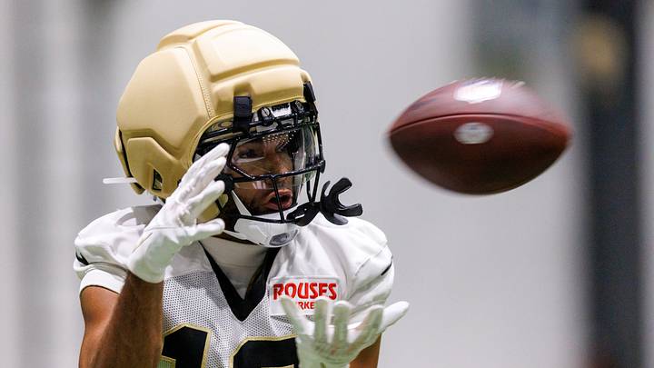Aug 02, 2026; Metairie, LA, USA; New Orleans Saints wide receiver Chris Olave (12) during training camp at Ochsner Sports Performance Center. Mandatory Credit: Stephen Lew-Imagn Images
