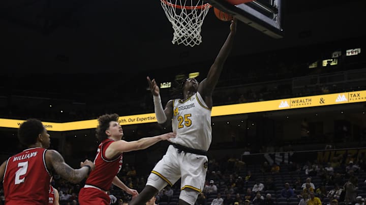 Nov. 8, 2024; Columbia, Missouri, USA; Missouri Tigers forward Mark Mitchell drives for a basket during a game against the Eastern Washington Eagles. Nov. 8, 2024; Columbia, Missouri, USA; Missouri Tigers forward Mark Mitchell drives for a basket during a game against the Eastern Washington Eagles.