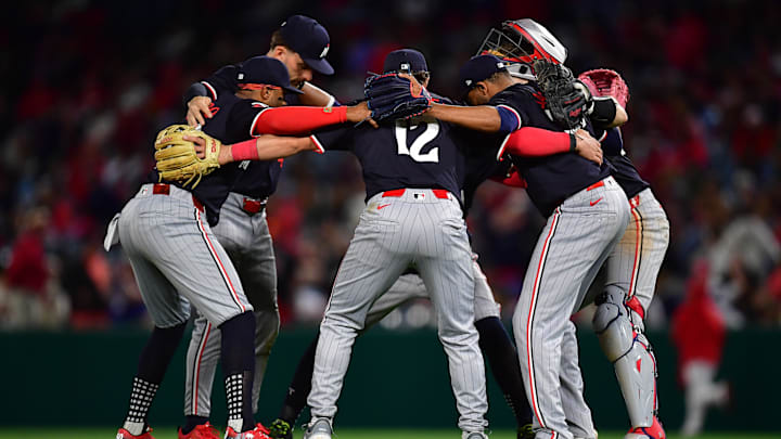 Minnesota Twins celebrate the victory against the Los Angeles Angels at Angel Stadium in Anaheim, Calif., on April 27, 2024. 