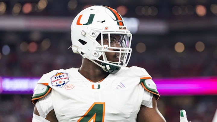 Miami Hurricanes defensive lineman Rueben Bain Jr. against the Mississippi Rebels during the 2026 Fiesta Bowl 