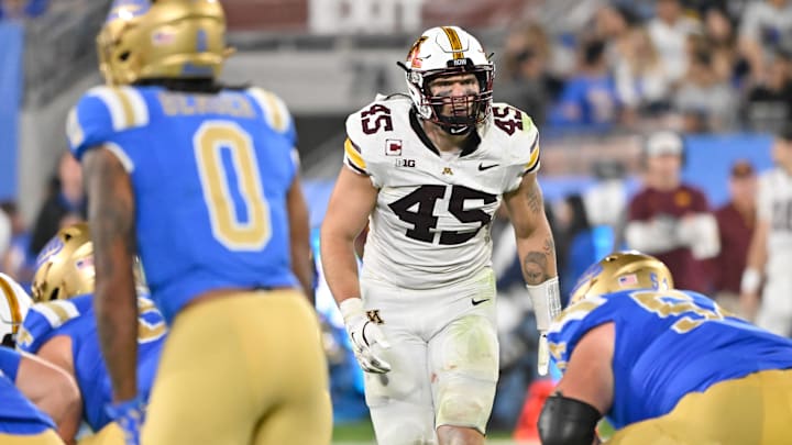 Oct 12, 2024; Pasadena, California, USA; Minnesota Golden Gophers linebacker Cody Lindenberg (45) during the fourth quarter against the UCLA Bruins at the Rose Bowl.  
