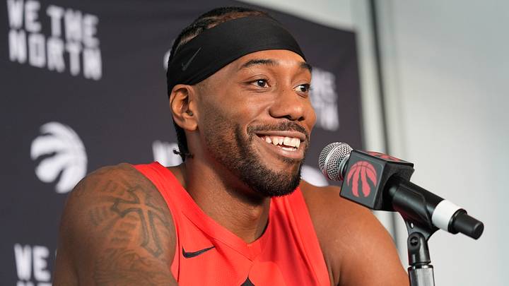 Sep 28, 2026; Toronto, ON, Canada;  Toronto Raptors forward Kawhi Leonard (2) talks to the media during Toronto Raptors-Media Day at Hotel-X.  Mandatory Credit: John E. Sokolowski-Imagn Images