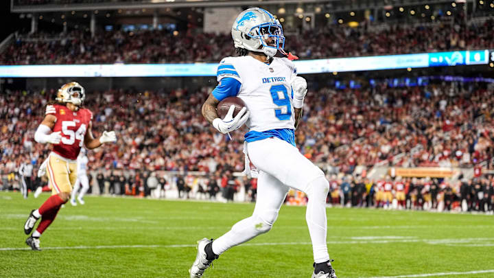 Detroit Lions wide receiver Jameson Williams (9) runs for a touchdown against San Francisco 49ers during the first half at Levi's Stadium in Santa Clara, Calif. on Monday, Dec. 30, 2024. Detroit Lions wide receiver Jameson Williams (9) runs for a touchdown against San Francisco 49ers during the first half at Levi's Stadium in Santa Clara, Calif. on Monday, Dec. 30, 2024.