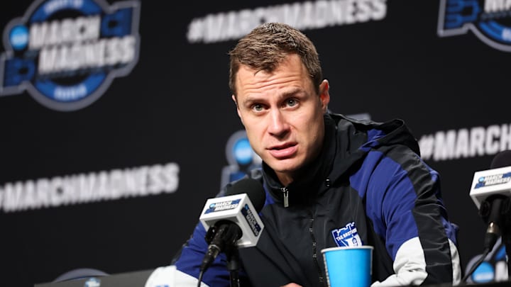 Mar 28, 2024; Dallas, TX, USA;  Duke Blue Devils head coach Jon Scheyer speaks to the media during a