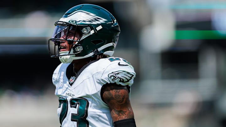 Aug 24, 2024; Philadelphia, Pennsylvania, USA; Philadelphia Eagles cornerback Eli Ricks (23) looks on during the second quarter against the Minnesota Vikings at Lincoln Financial Field.