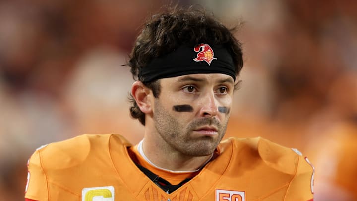 Dec 11, 2025; Tampa, Florida, USA; Tampa Bay Buccaneers quarterback Baker Mayfield (6) looks on against the Atlanta Falcons during the fourth quarter at Raymond James Stadium. Mandatory Credit: Nathan Ray Seebeck-Imagn Images