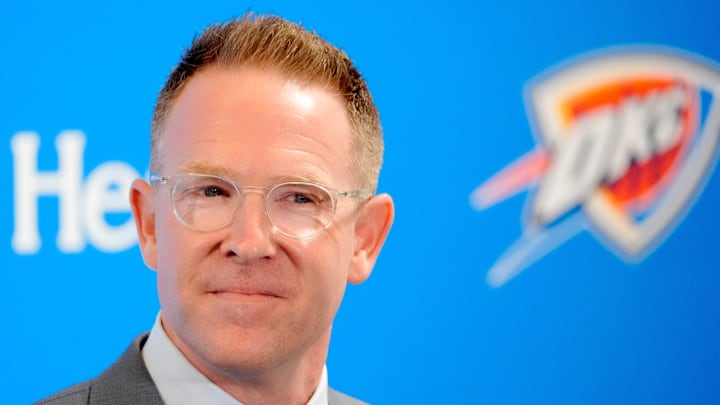 Thunder general manager Sam Presti speaks during an introductory press conference for the 2024 Thunder draft picks at Oklahoma Contemporary Arts Center in Oklahoma City on Saturday, June, 29, 2024.