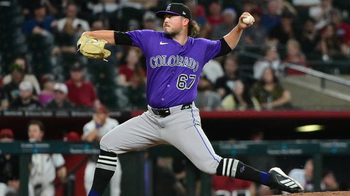 Aug 12, 2026: Colorado Rockies pitcher Parker Mushinski (67) throws in the sixth inning against the Arizona Diamondbacks at Chase Field. Credit: Matt Kartozian-Imagn Images