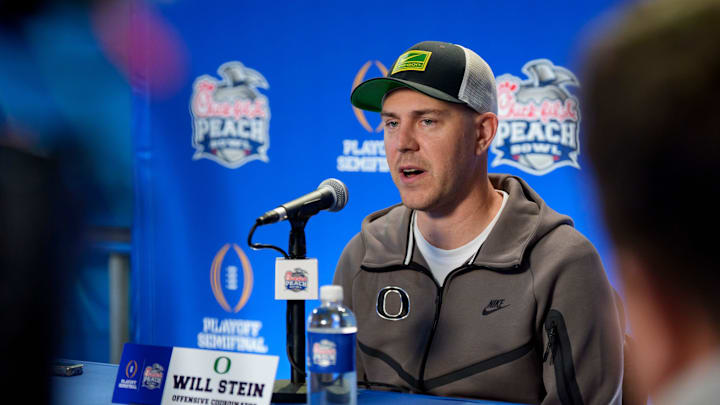 Oregon offensive coordinator Will Stein speaks during a media day as the Oregon Ducks arrive on Jan. 7, 2025, in Atlanta, Georgia ahead of the Peach Bowl at Mercedes-Benz Stadium.
