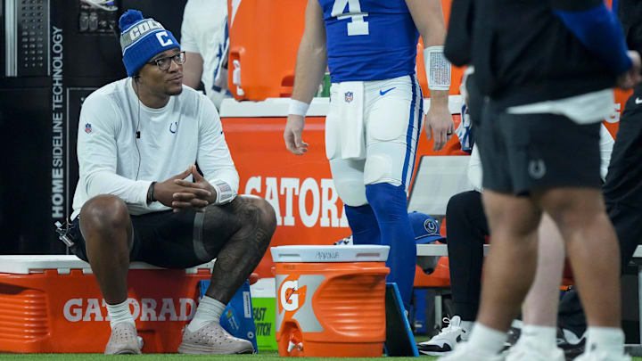 Indianapolis Colts quarterback Anthony Richardson (5) sits on the sideline Sunday, Jan. 5, 2025, during a game against the Jacksonville Jaguars at Lucas Oil Stadium in Indianapolis. Indianapolis Colts quarterback Anthony Richardson (5) sits on the sideline Sunday, Jan. 5, 2025, during a game against the Jacksonville Jaguars at Lucas Oil Stadium in Indianapolis.