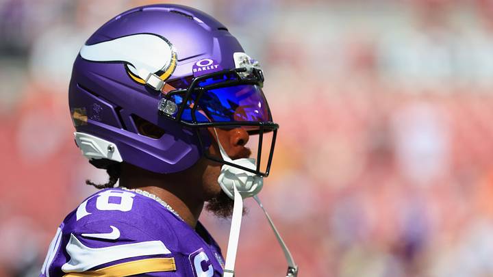 Minnesota Vikings wide receiver Justin Jefferson (18) looks on during warmups prior to the game against the Tampa Bay Buccaneers at Raymond James Stadium.  Mandatory Credit: Kim Klement Neitzel-Imagn Images