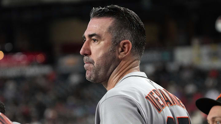 San Francisco Giants pitcher Justin Verlander (35) watches from the dugout after pitching 7 innings against the Arizona Diamondbacks at Chase Field. San Francisco Giants pitcher Justin Verlander (35) watches from the dugout after pitching 7 innings against the Arizona Diamondbacks at Chase Field.