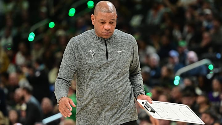 Apr 27, 2025; Milwaukee, Wisconsin, USA; Milwaukee Bucks head coach Doc Rivers call a timeout in the fourth quarter against the Indiana Pacers during game four of first round for the 2024 NBA Playoffs at Fiserv Forum. Mandatory Credit: Benny Sieu-Imagn Images