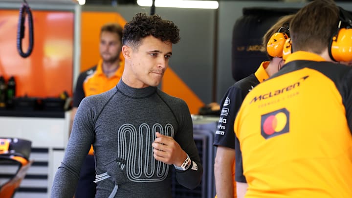 Lando Norris, McLaren, trialling a cooling vest during Spanish Grand Prix practice, 2025.