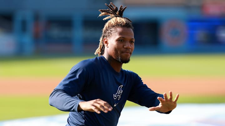 May 3, 2024; Los Angeles, California, USA;  Atlanta Braves outfielder Ronald Acuna Jr. (13) on the field before the game against the Los Angeles Dodgers at Dodger Stadium.