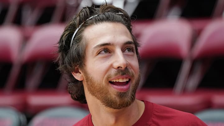 Dec 7, 2025; Stanford, California, USA; Stanford Cardinal guard Benny Gealer (5) talks with fans before the game against the UNLV Runnin' Rebels at Maples Pavilion. Mandatory Credit: David Gonzales-Imagn Images Dec 7, 2025; Stanford, California, USA; Stanford Cardinal guard Benny Gealer (5) talks with fans before the game against the UNLV Runnin' Rebels at Maples Pavilion. Mandatory Credit: David Gonzales-Imagn Images
