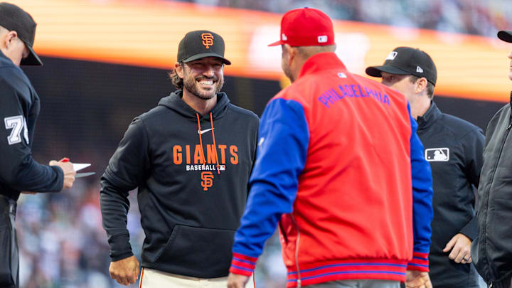 Apr 6, 2026; San Francisco, California, USA; San Francisco Giants manager Tony Vitello reacts before the game against the Philadelphia Phillies at Oracle Park. Mandatory Credit: Bob Kupbens-Imagn Images