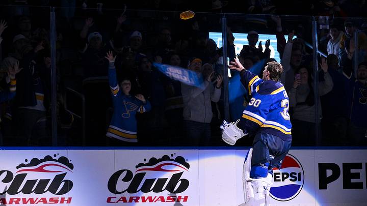 Dec 17, 2025; St. Louis, Missouri, USA; St. Louis Blues goaltender Joel Hofer (30) salutes the fans after he was named first star of the game in a victory over the Winnipeg Jets at Enterprise Center. Mandatory Credit: Jeff Curry-Imagn Images