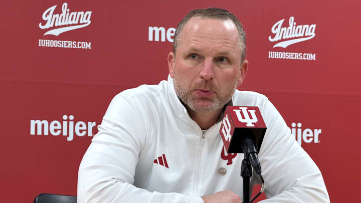 Indiana basketball coach Darian DeVries speaks with media Jan. 10, 2026, after an 83-77 loss to Nebraska at Assembly Hall.