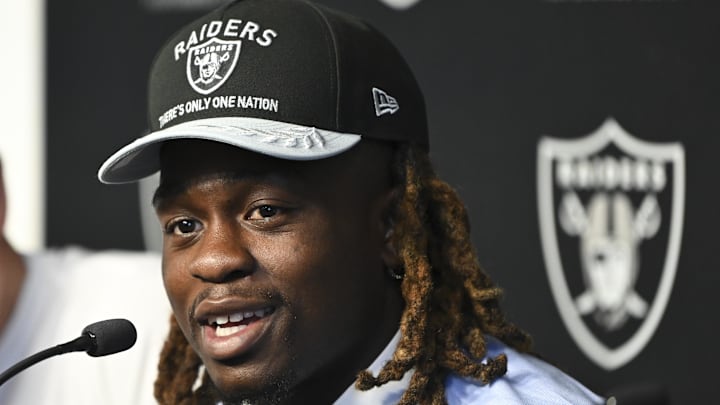 Apr 25, 2025; Henderson, NV, USA; Las Vegas Raiders first round draft pick in the 2025 NFL Draft Ashton Jeanty, speaks to the media at Intermountain Health Performance Center. Mandatory Credit: Candice Ward-Imagn Images