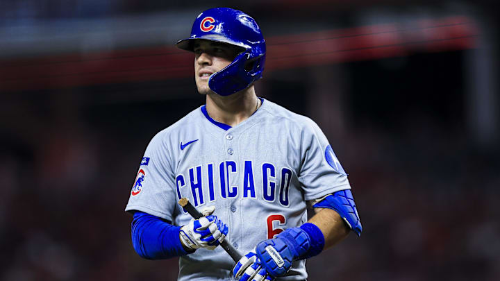 Sep 19, 2025; Cincinnati, Ohio, USA; Chicago Cubs third baseman Matt Shaw (6) holds a piece of his broken bat in the ninth inning against the Cincinnati Reds at Great American Ball Park. Mandatory Credit: Katie Stratman-Imagn Images
