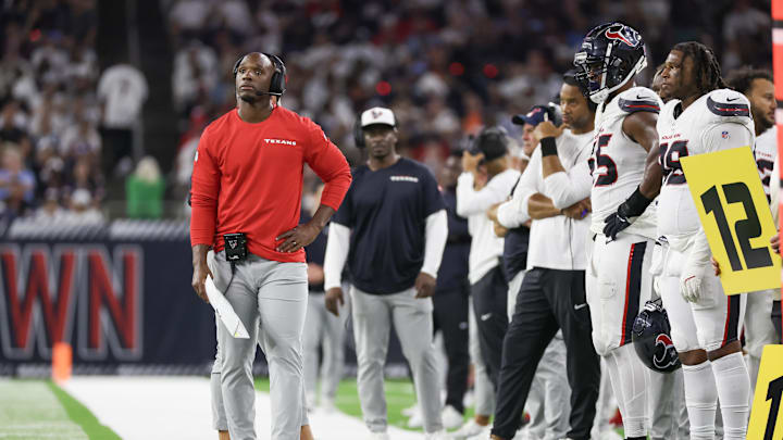 Sep 15, 2024; Houston, Texas, USA; Houston Texans head coach DeMeco Ryans walks the sidelines while coaching against the Chicago Bears in the third quarter at NRG Stadium. Mandatory Credit: Thomas Shea-Imagn Images