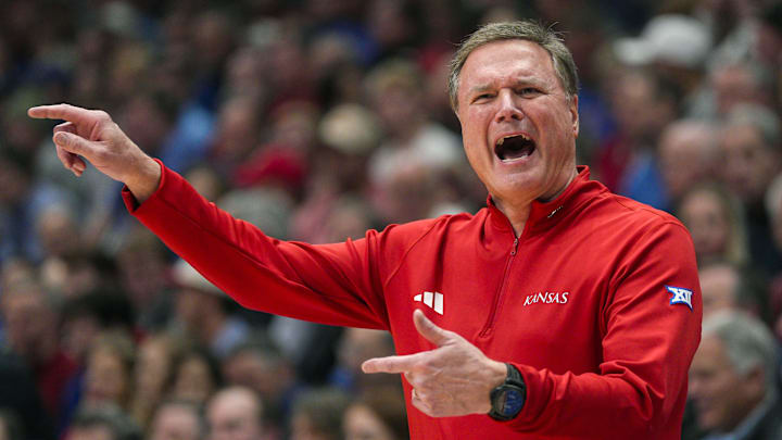 Feb 3, 2025; Lawrence, Kansas, USA; Kansas Jayhawks head coach Bill Self reacts during the first half against the Iowa State Cyclones at Allen Fieldhouse. Mandatory Credit: Jay Biggerstaff-Imagn Images