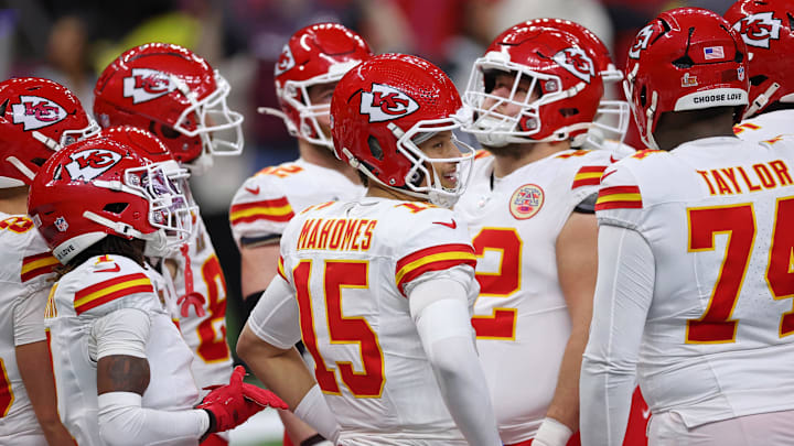 Feb 9, 2025; New Orleans, LA, USA; Kansas City Chiefs quarterback Patrick Mahomes (15) looks on against the Philadelphia Eagles during the first half of Super Bowl LIX at Caesars Superdome. Mandatory Credit: Bill Streicher-Imagn Images
