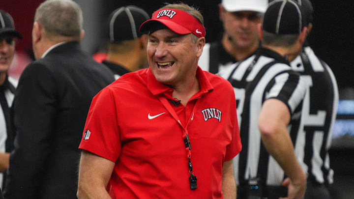 UNLV Rebels head coach Dan Mullen talk on the field prior to game against the Ohio Bobcats at the Ford Center at The Star. Mandatory Credit: Raymond Carlin III-Imagn Images