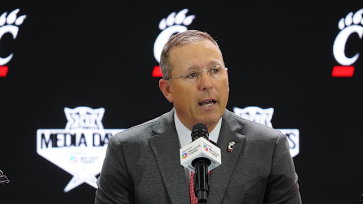 Jul 8, 2025; Frisco, TX, USA; Cincinnati head coach Scott Satterfield addresses the media during 2025 Big 12 Football Media Days at The Star. Mandatory Credit: Raymond Carlin III-Imagn Images Jul 8, 2025; Frisco, TX, USA; Cincinnati head coach Scott Satterfield addresses the media during 2025 Big 12 Football Media Days at The Star. Mandatory Credit: Raymond Carlin III-Imagn Images
