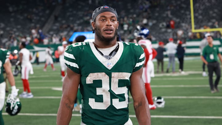 Aug 24, 2024; East Rutherford, New Jersey, USA; New York Jets running back Xazavian Valladay (35) after the game at MetLife Stadium. Mandatory Credit: Vincent Carchietta-Imagn Images