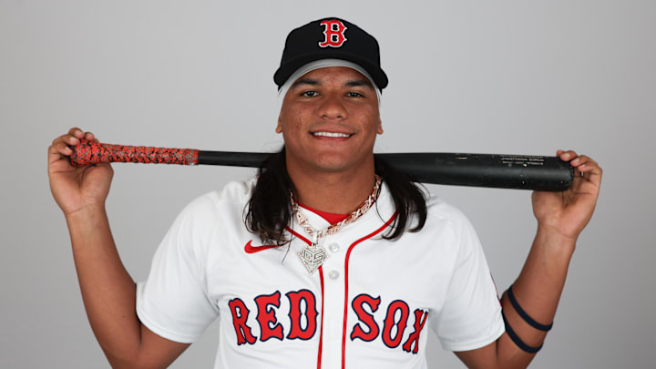 Lee County, FL, USA; Boston Red Sox outfielder Jhostynxon Garcia (91) participates in media day at JetBlue Park at Fenway South.